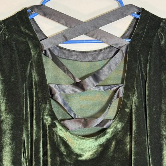 Anthropologie Green Velvet Ribbon Trimmed Open Back Long Sleeve Top Womens Small - Picture 3 of 6